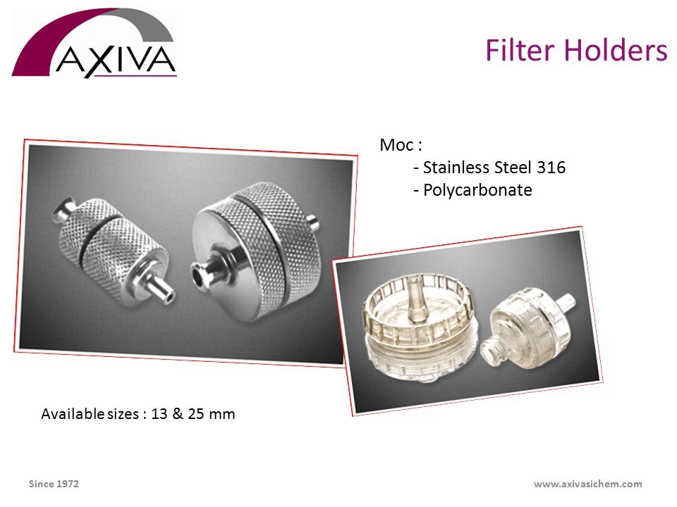 Filter Holders Moc : - Stainless Steel Polycarbonate Available sizes : 13 & 25 mm Since