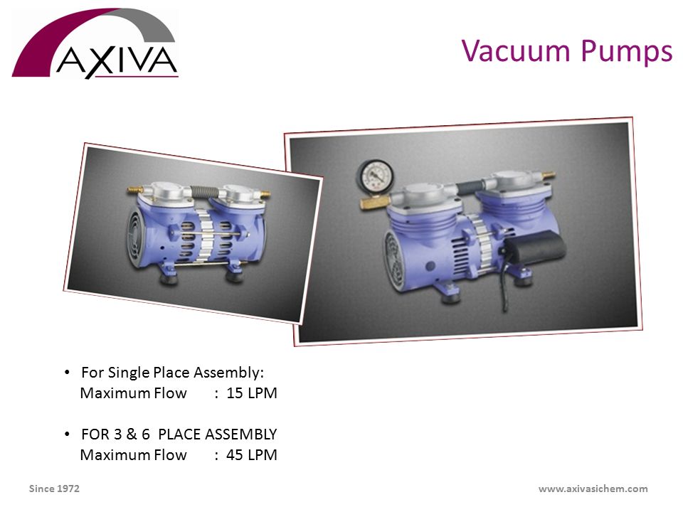 Vacuum Pumps For Single Place Assembly: Maximum Flow : 15 LPM FOR 3 & 6 PLACE ASSEMBLY Maximum Flow : 45 LPM Since