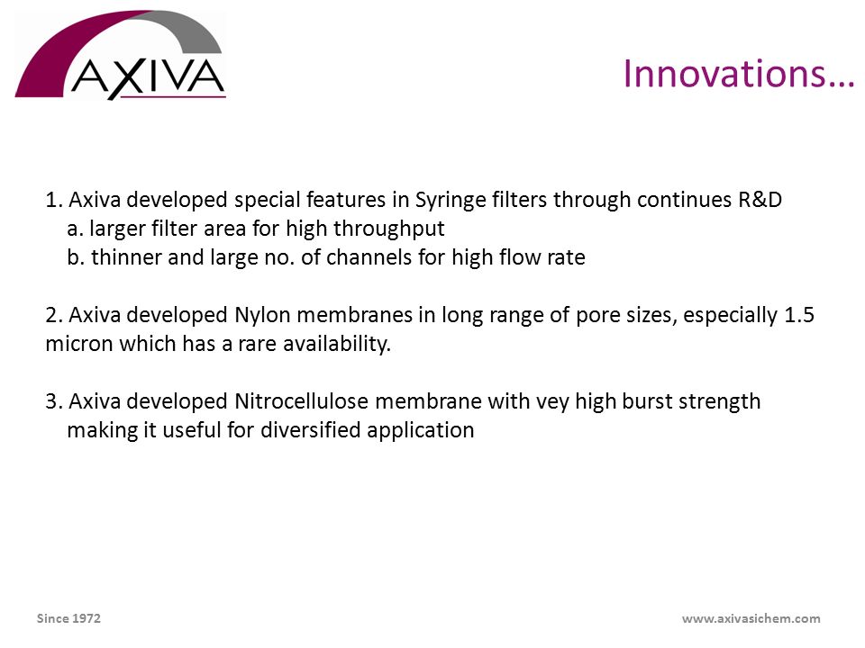 Innovations… 1. Axiva developed special features in Syringe filters through continues R&D a.