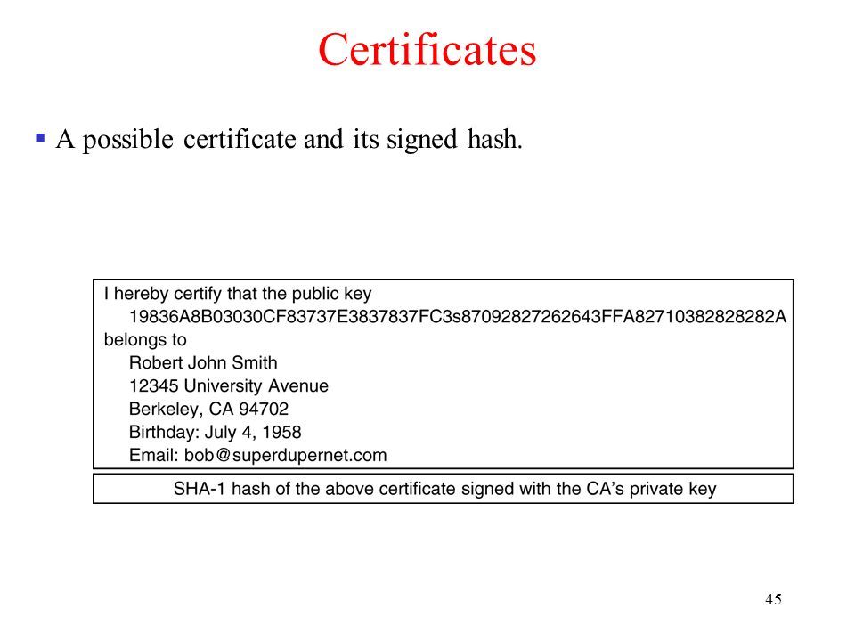 45 Certificates  A possible certificate and its signed hash.