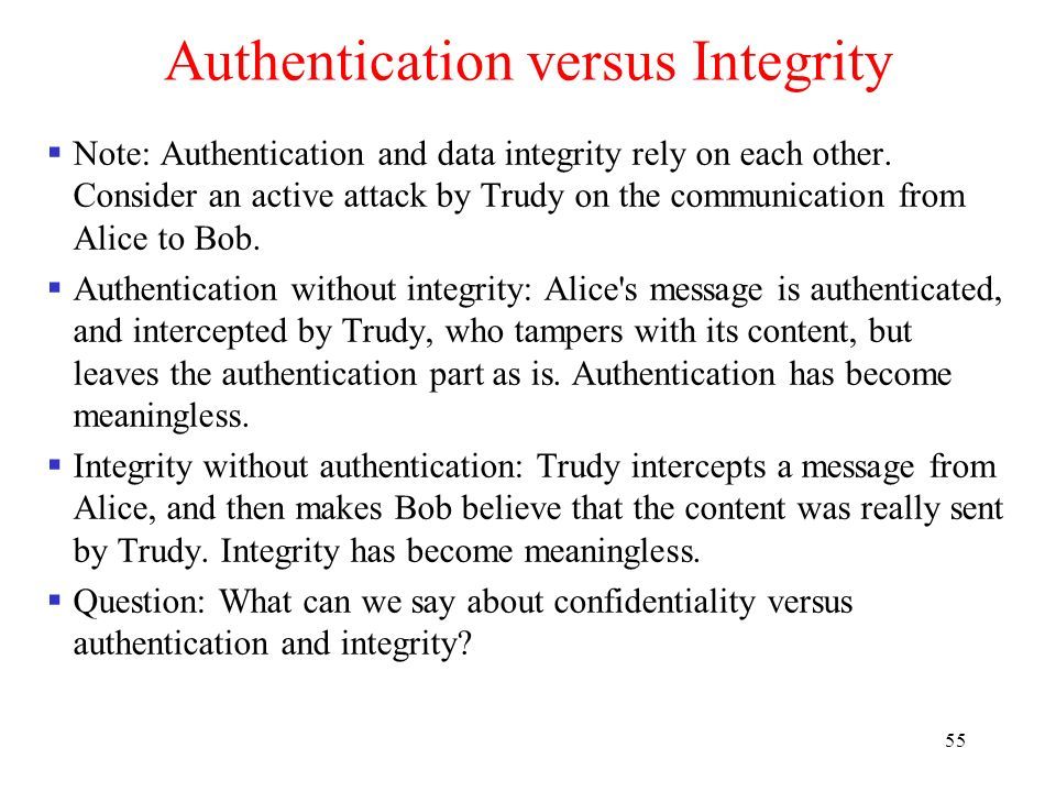 55 Authentication versus Integrity  Note: Authentication and data integrity rely on each other.