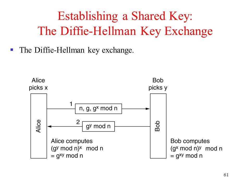61 Establishing a Shared Key: The Diffie-Hellman Key Exchange  The Diffie-Hellman key exchange.