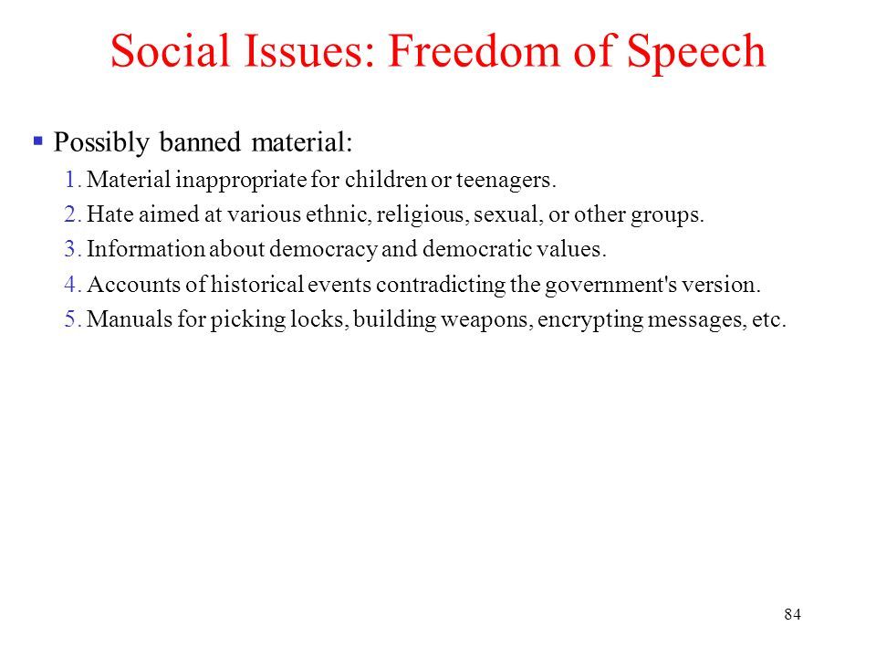 84 Social Issues: Freedom of Speech  Possibly banned material: 1.Material inappropriate for children or teenagers.