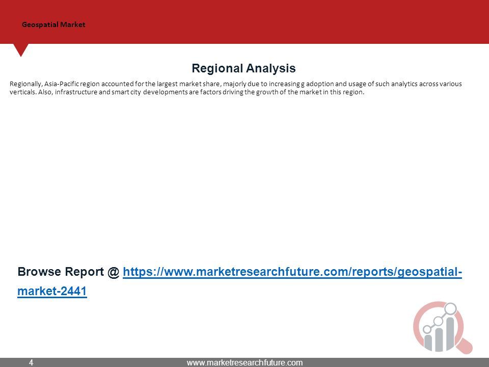 Geospatial Market Regional Analysis Regionally, Asia-Pacific region accounted for the largest market share, majorly due to increasing g adoption and usage of such analytics across various verticals.