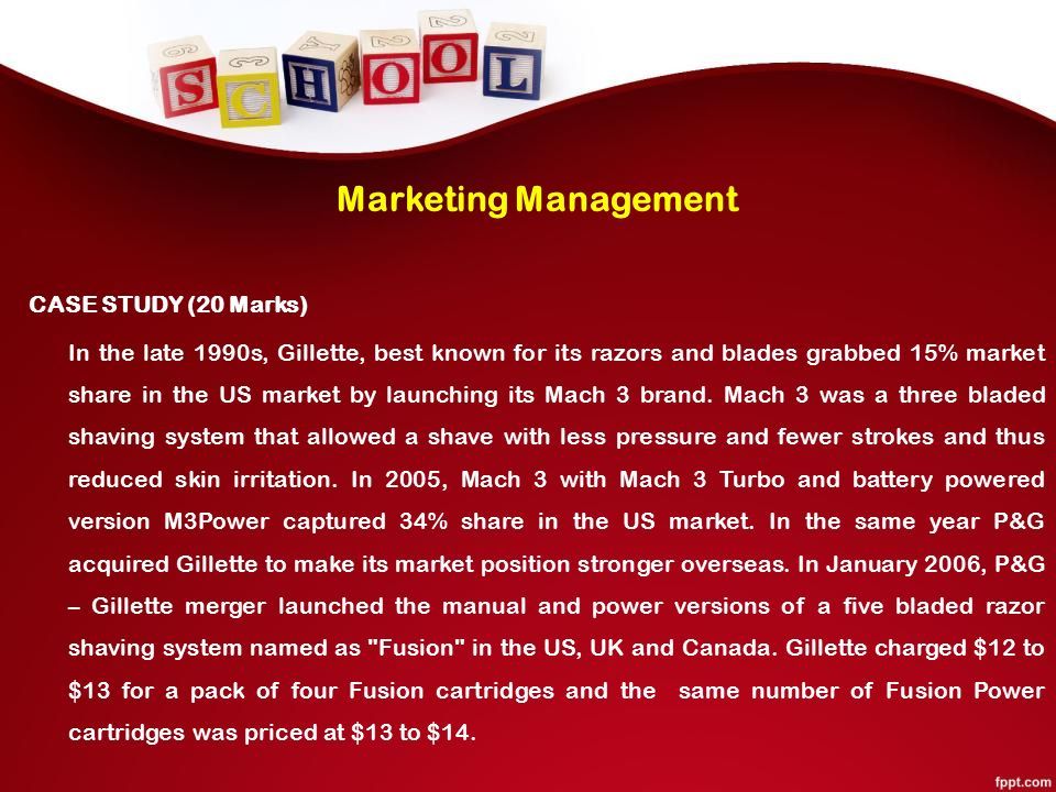 Marketing Management CASE STUDY (20 Marks) In the late 1990s, Gillette, best known for its razors and blades grabbed 15% market share in the US market by launching its Mach 3 brand.