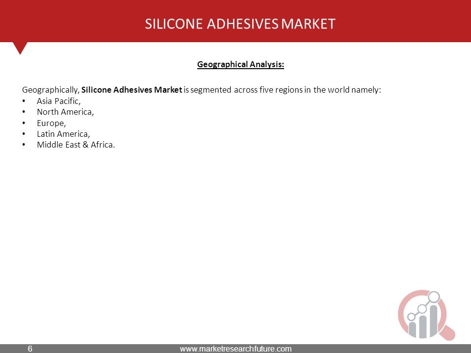 SILICONE ADHESIVES MARKET Geographical Analysis: Geographically, Silicone Adhesives Market is segmented across five regions in the world namely: Asia Pacific, North America, Europe, Latin America, Middle East & Africa.