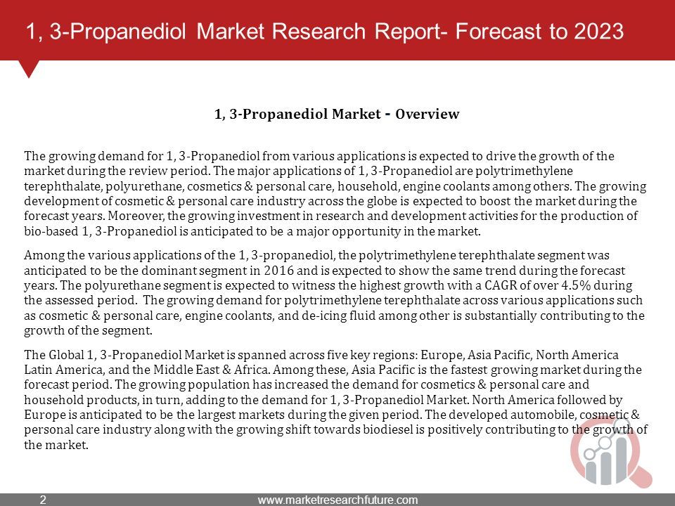 1, 3-Propanediol Market Research Report- Forecast to 2023 The growing demand for 1, 3-Propanediol from various applications is expected to drive the growth of the market during the review period.
