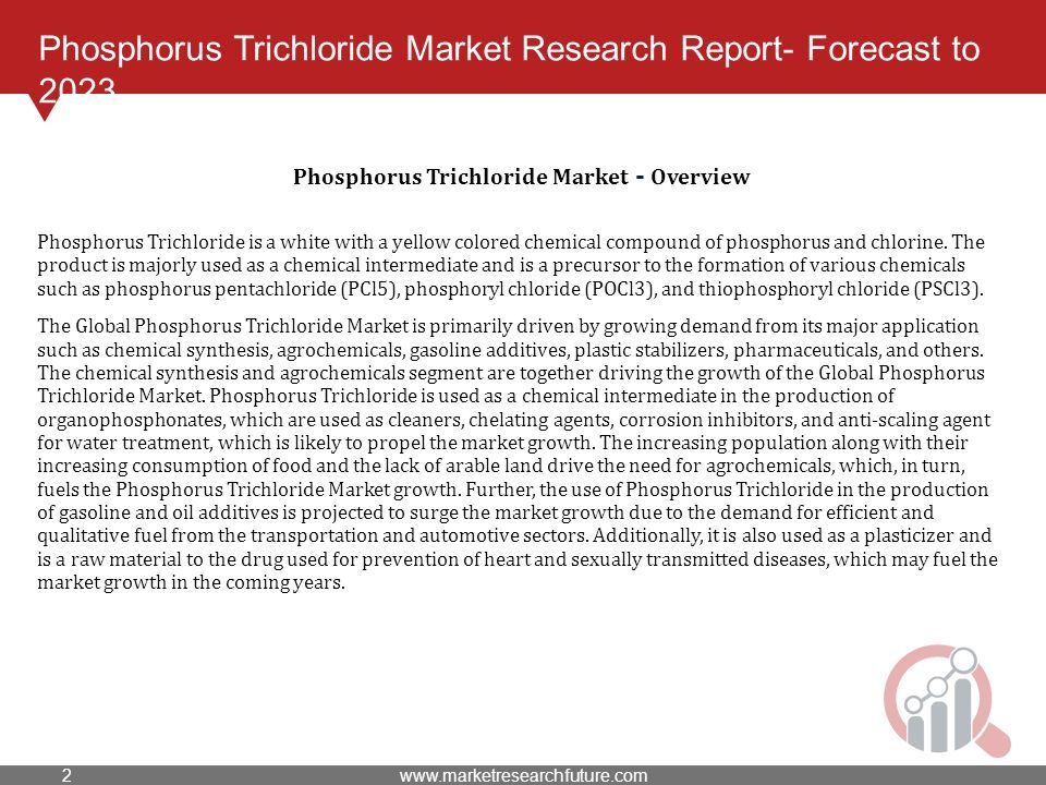Phosphorus Trichloride Market Research Report- Forecast to 2023 Phosphorus Trichloride is a white with a yellow colored chemical compound of phosphorus and chlorine.