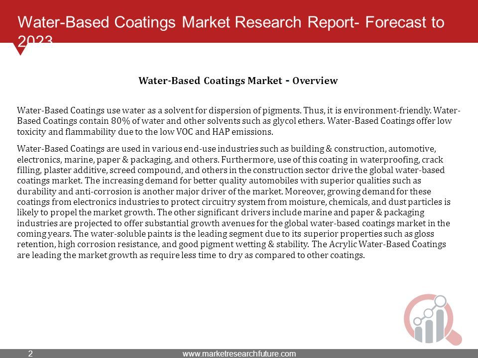 Water-Based Coatings Market Research Report- Forecast to 2023 Water-Based Coatings use water as a solvent for dispersion of pigments.