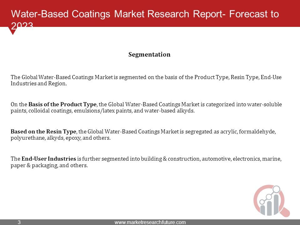 Water-Based Coatings Market Research Report- Forecast to 2023 The Global Water-Based Coatings Market is segmented on the basis of the Product Type, Resin Type, End-Use Industries and Region.