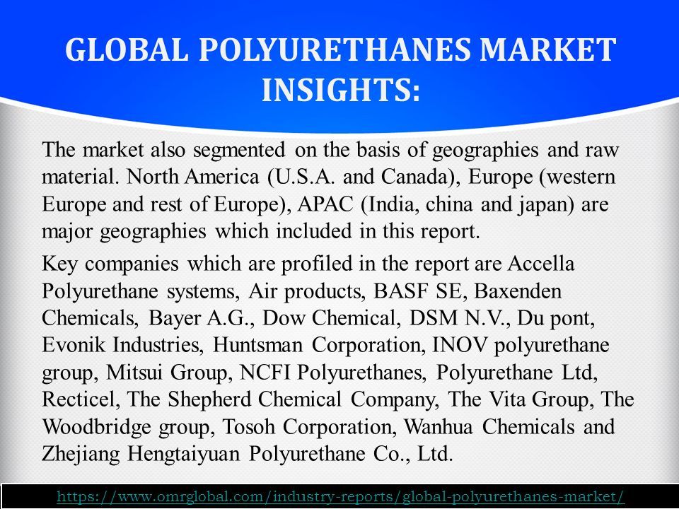 GLOBAL POLYURETHANES MARKET INSIGHTS: The market also segmented on the basis of geographies and raw material.