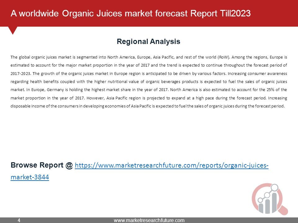 A worldwide Organic Juices market forecast Report Till2023 Regional Analysis The global organic juices market is segmented into North America, Europe, Asia Pacific, and rest of the world (RoW).