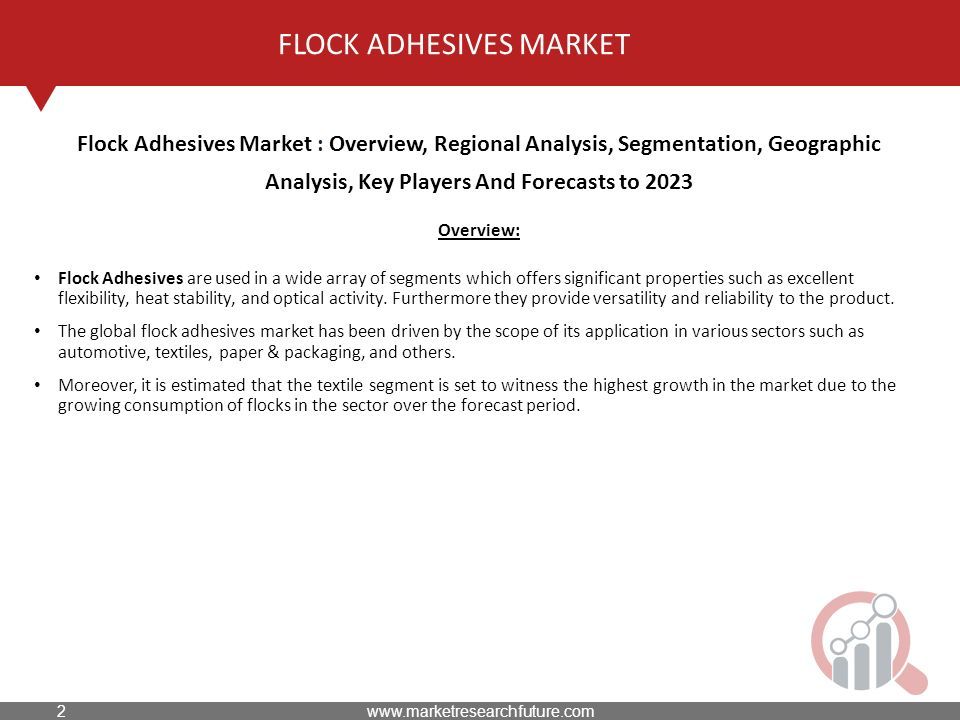 FLOCK ADHESIVES MARKET Overview: Flock Adhesives are used in a wide array of segments which offers significant properties such as excellent flexibility, heat stability, and optical activity.