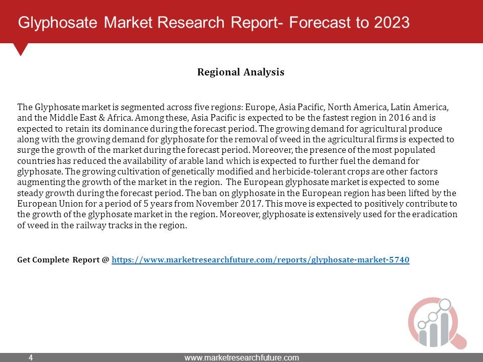 Glyphosate Market Research Report- Forecast to 2023 Regional Analysis The Glyphosate market is segmented across five regions: Europe, Asia Pacific, North America, Latin America, and the Middle East & Africa.
