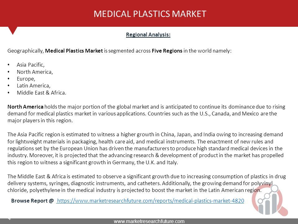 4 MEDICAL PLASTICS MARKET Regional Analysis: Browse     Geographically, Medical Plastics Market is segmented across Five Regions in the world namely: Asia Pacific, North America, Europe, Latin America, Middle East & Africa.