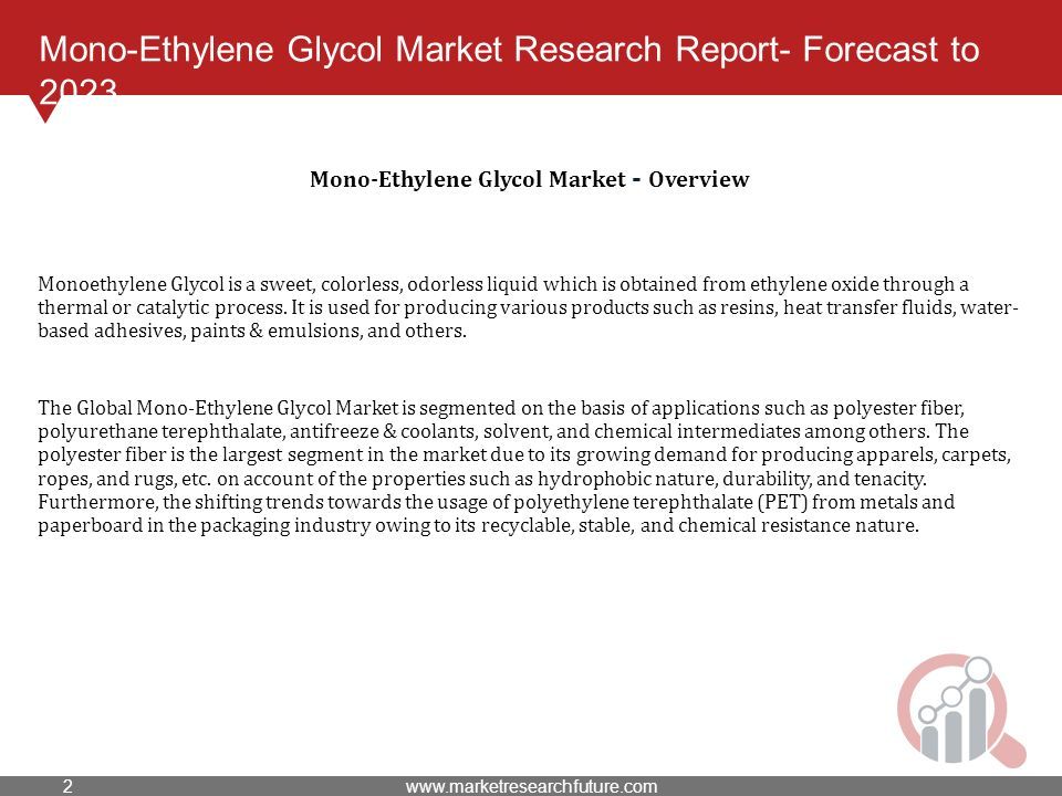 Mono-Ethylene Glycol Market Research Report- Forecast to 2023 Monoethylene Glycol is a sweet, colorless, odorless liquid which is obtained from ethylene oxide through a thermal or catalytic process.