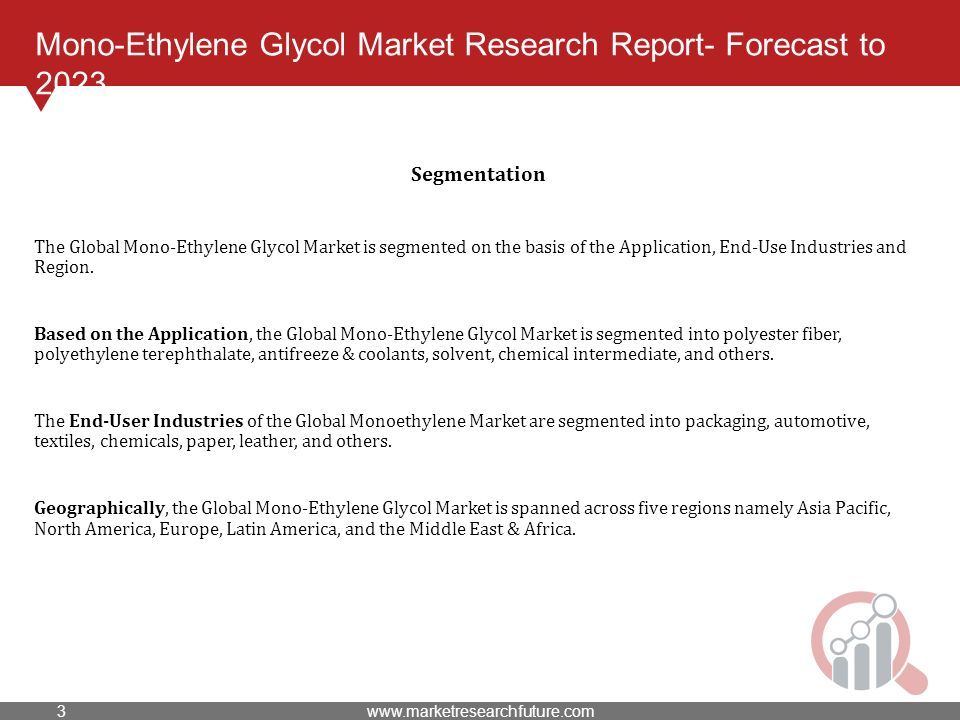 Mono-Ethylene Glycol Market Research Report- Forecast to 2023 The Global Mono-Ethylene Glycol Market is segmented on the basis of the Application, End-Use Industries and Region.