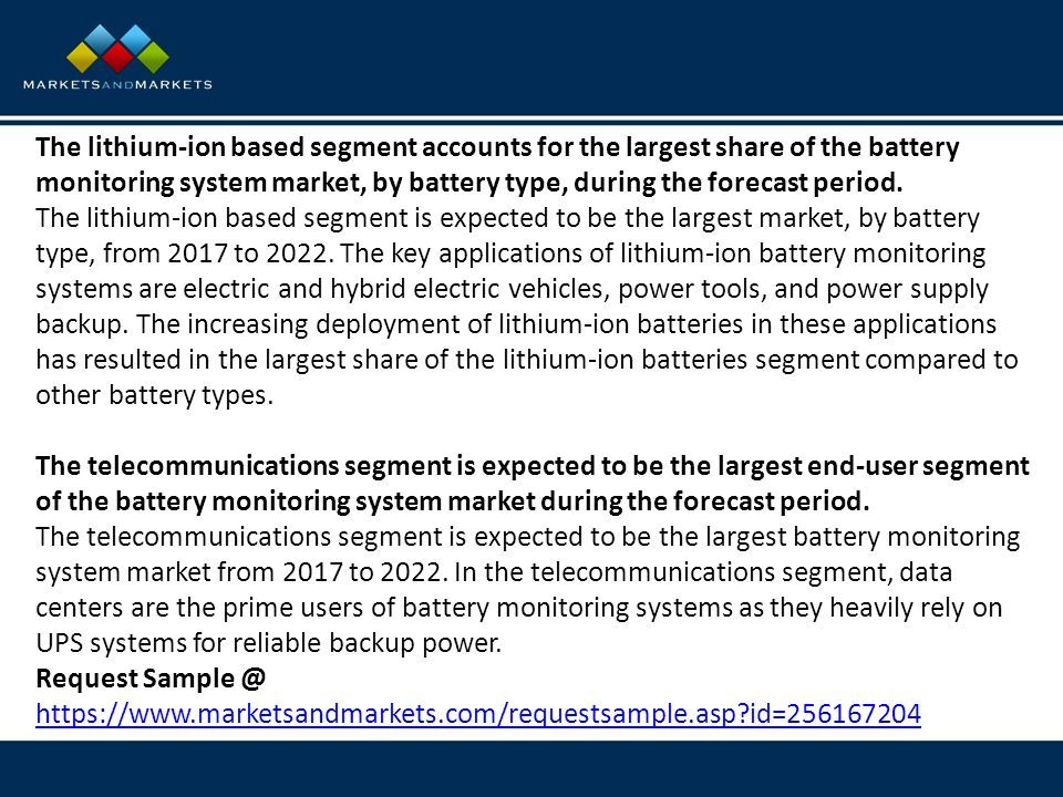The lithium-ion based segment accounts for the largest share of the battery monitoring system market, by battery type, during the forecast period.