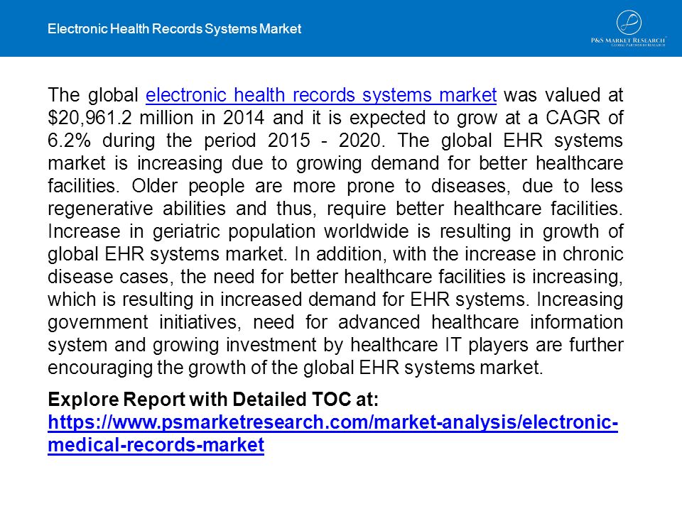 Electronic Health Records Systems Market The global electronic health records systems market was valued at $20,961.2 million in 2014 and it is expected to grow at a CAGR of 6.2% during the period