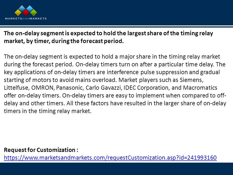 The on-delay segment is expected to hold the largest share of the timing relay market, by timer, during the forecast period.