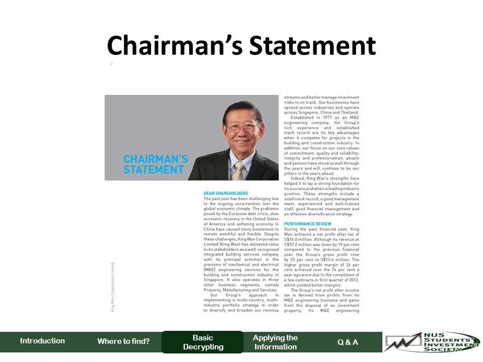 Chairman’s Statement Where to find Basic Decrypting Applying the Information Q & A Introduction