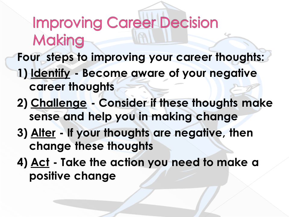 Four steps to improving your career thoughts: 1) Identify - Become aware of your negative career thoughts 2) Challenge - Consider if these thoughts make sense and help you in making change 3) Alter - If your thoughts are negative, then change these thoughts 4) Act - Take the action you need to make a positive change