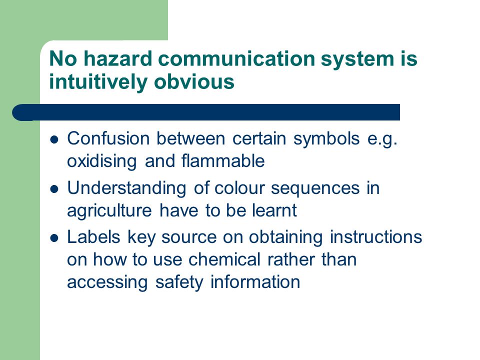 No hazard communication system is intuitively obvious Confusion between certain symbols e.g.
