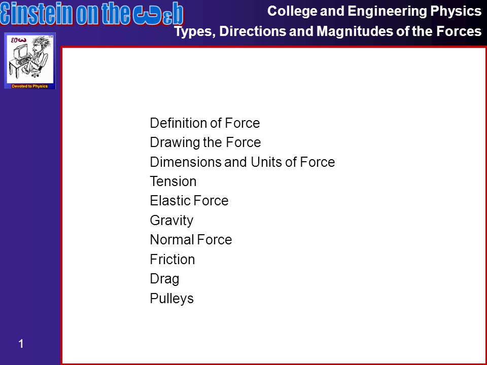 College and Engineering Physics Types, Directions and Magnitudes of the Forces 1 Definition of Force Drawing the Force Dimensions and Units of Force Tension Elastic Force Gravity Normal Force Friction Drag Pulleys
