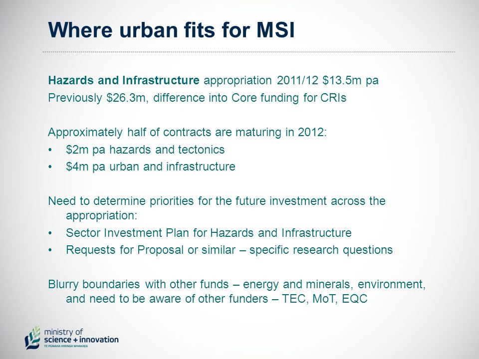 Where urban fits for MSI Hazards and Infrastructure appropriation 2011/12 $13.5m pa Previously $26.3m, difference into Core funding for CRIs Approximately half of contracts are maturing in 2012: $2m pa hazards and tectonics $4m pa urban and infrastructure Need to determine priorities for the future investment across the appropriation: Sector Investment Plan for Hazards and Infrastructure Requests for Proposal or similar – specific research questions Blurry boundaries with other funds – energy and minerals, environment, and need to be aware of other funders – TEC, MoT, EQC