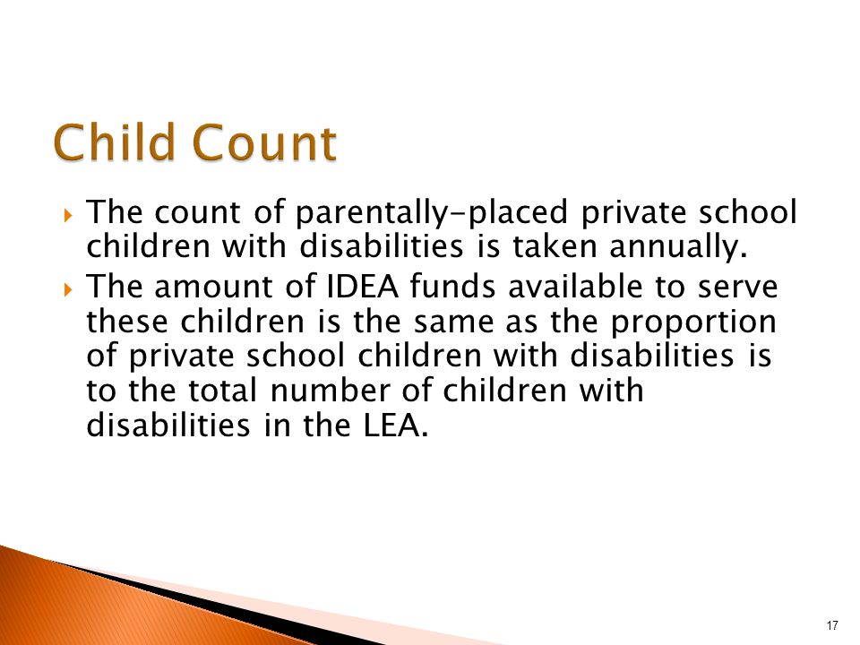  The count of parentally-placed private school children with disabilities is taken annually.