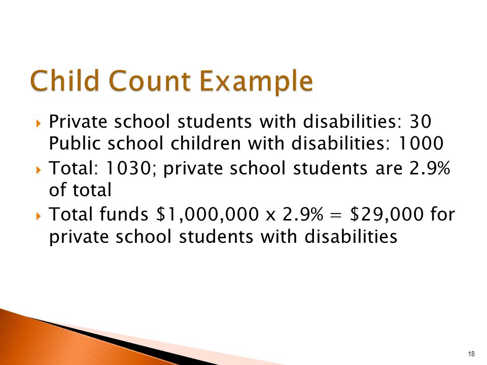  Private school students with disabilities: 30 Public school children with disabilities: 1000  Total: 1030; private school students are 2.9% of total  Total funds $1,000,000 x 2.9% = $29,000 for private school students with disabilities 18
