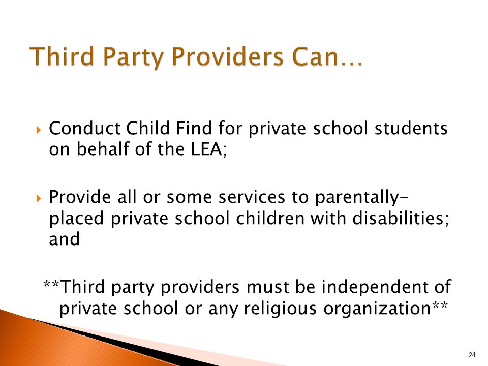  Conduct Child Find for private school students on behalf of the LEA;  Provide all or some services to parentally- placed private school children with disabilities; and **Third party providers must be independent of private school or any religious organization** 24