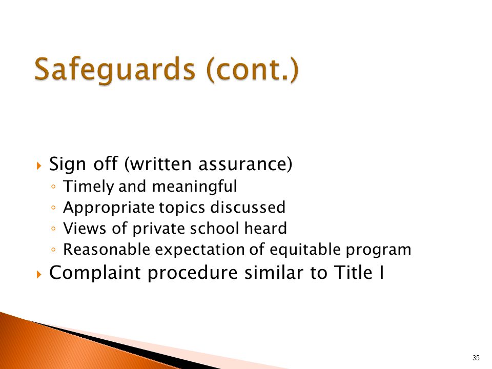  Sign off (written assurance) ◦ Timely and meaningful ◦ Appropriate topics discussed ◦ Views of private school heard ◦ Reasonable expectation of equitable program  Complaint procedure similar to Title I 35