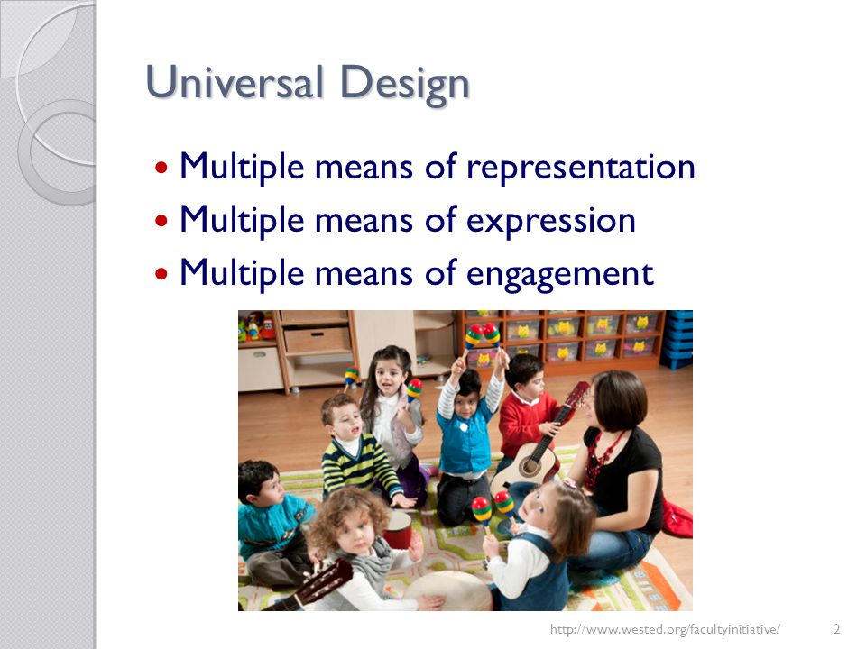 Universal Design Multiple means of representation Multiple means of expression Multiple means of engagement