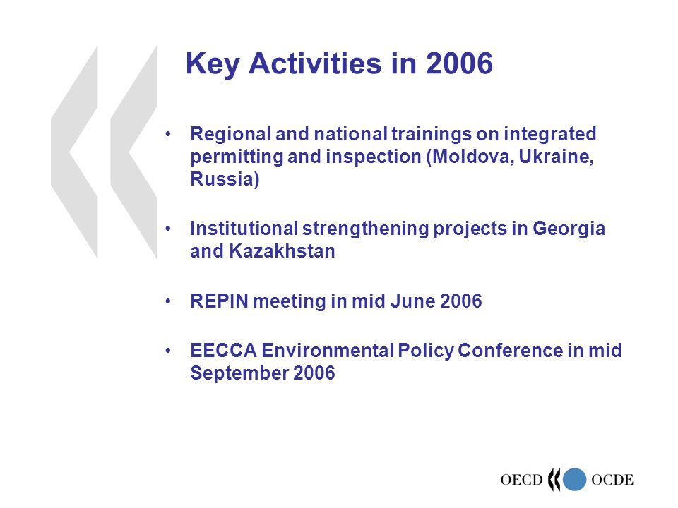 Key Activities in 2006 Regional and national trainings on integrated permitting and inspection (Moldova, Ukraine, Russia) Institutional strengthening projects in Georgia and Kazakhstan REPIN meeting in mid June 2006 EECCA Environmental Policy Conference in mid September 2006