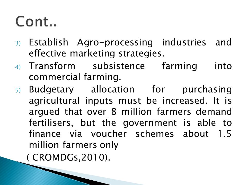 3) Establish Agro-processing industries and effective marketing strategies.