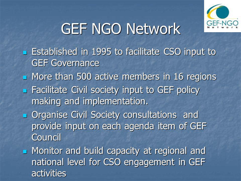 GEF NGO Network Established in 1995 to facilitate CSO input to GEF Governance Established in 1995 to facilitate CSO input to GEF Governance More than 500 active members in 16 regions More than 500 active members in 16 regions Facilitate Civil society input to GEF policy making and implementation.