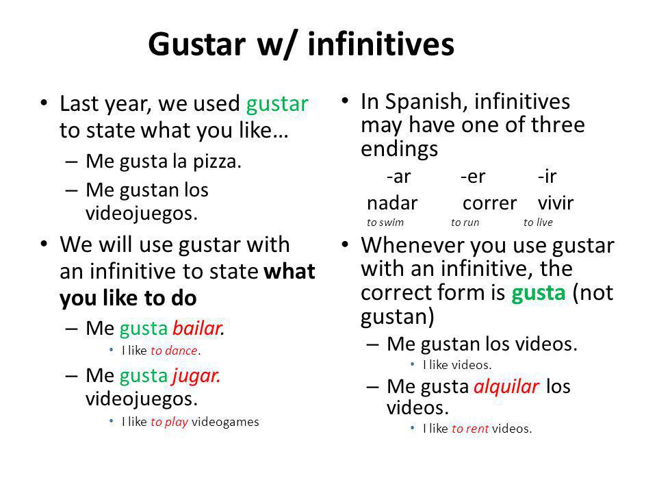 Gustar w/ infinitives Last year, we used gustar to state what you like… – Me gusta la pizza.