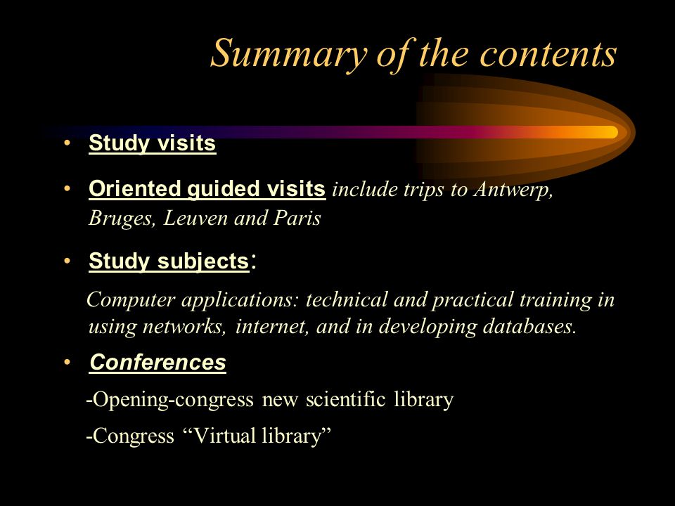Summary of the contents Study visits Oriented guided visits include trips to Antwerp, Bruges, Leuven and Paris Study subjects : Computer applications: technical and practical training in using networks, internet, and in developing databases.