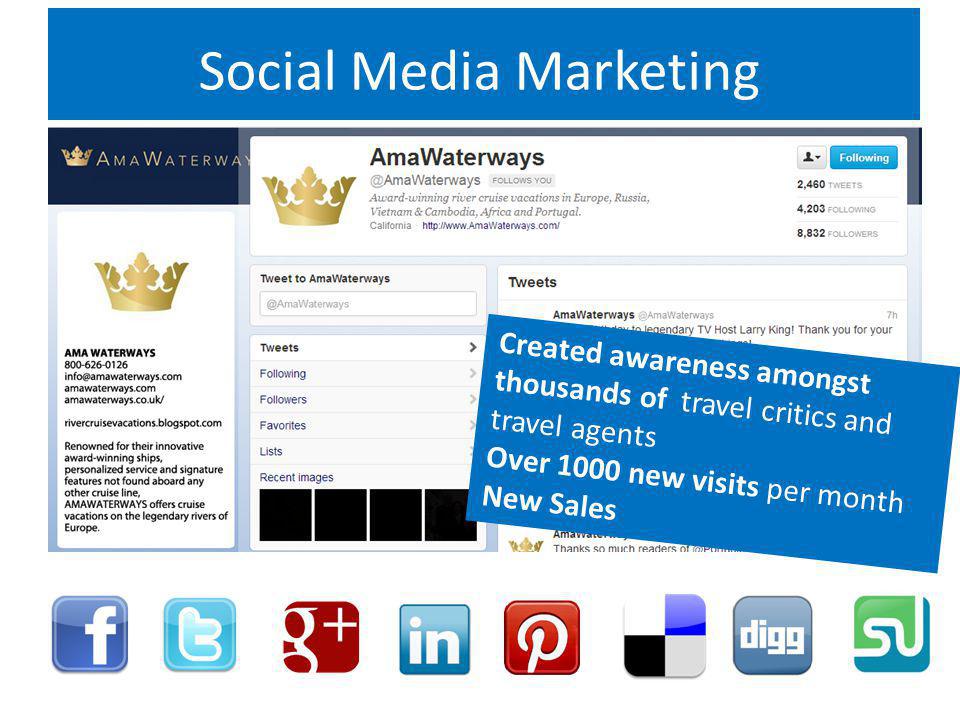Social Media Marketing Created awareness amongst thousands of travel critics and travel agents Over 1000 new visits per month New Sales