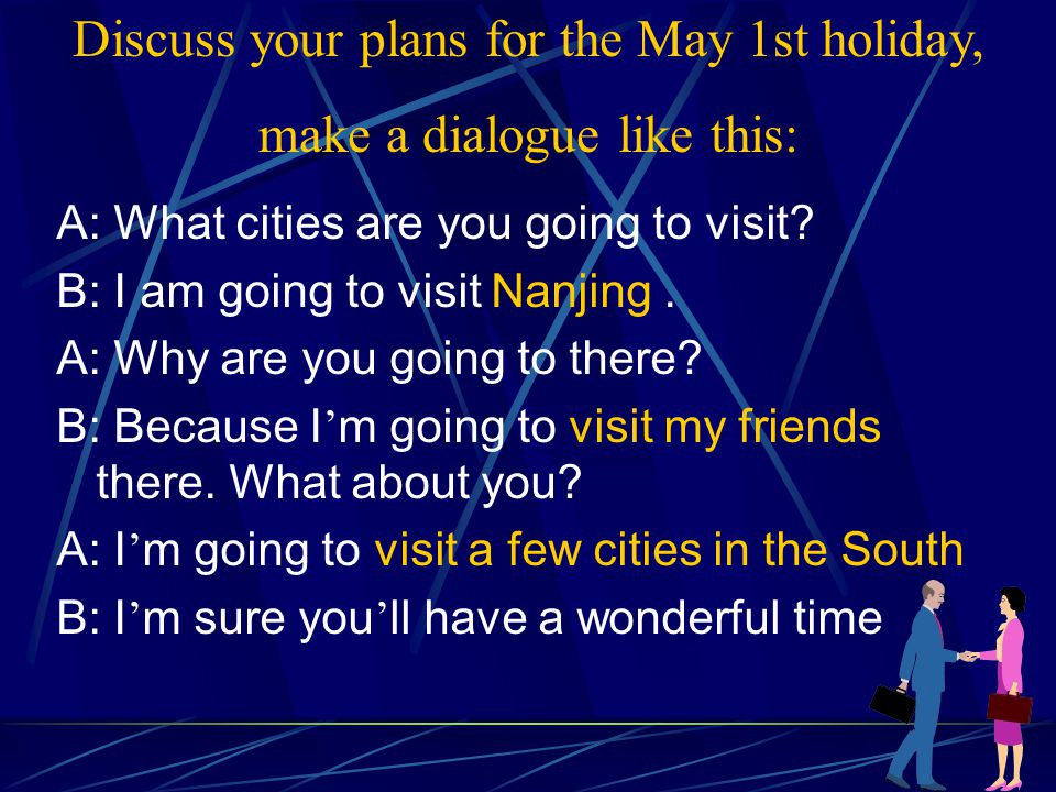 A: What cities are you going to visit. B: I am going to visit Nanjing.