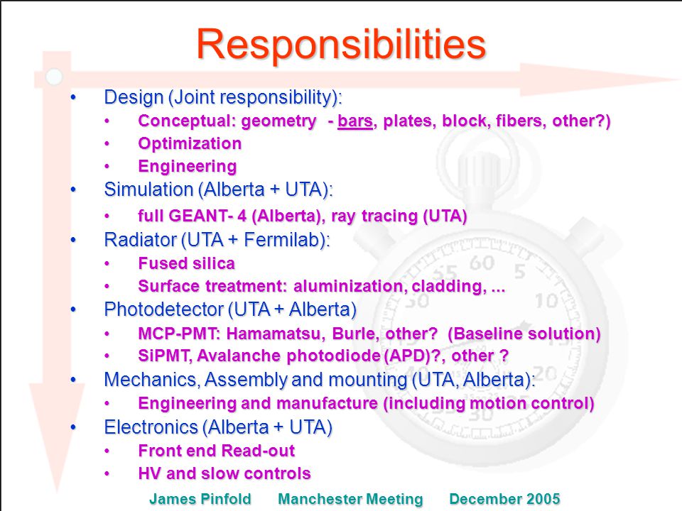 Design (Joint responsibility):Design (Joint responsibility): Conceptual: geometry - bars, plates, block, fibers, other )Conceptual: geometry - bars, plates, block, fibers, other ) OptimizationOptimization EngineeringEngineering Simulation (Alberta + UTA):Simulation (Alberta + UTA): full GEANT- 4 (Alberta), ray tracing (UTA)full GEANT- 4 (Alberta), ray tracing (UTA) Radiator (UTA + Fermilab):Radiator (UTA + Fermilab): Fused silicaFused silica Surface treatment: aluminization, cladding,...Surface treatment: aluminization, cladding,...