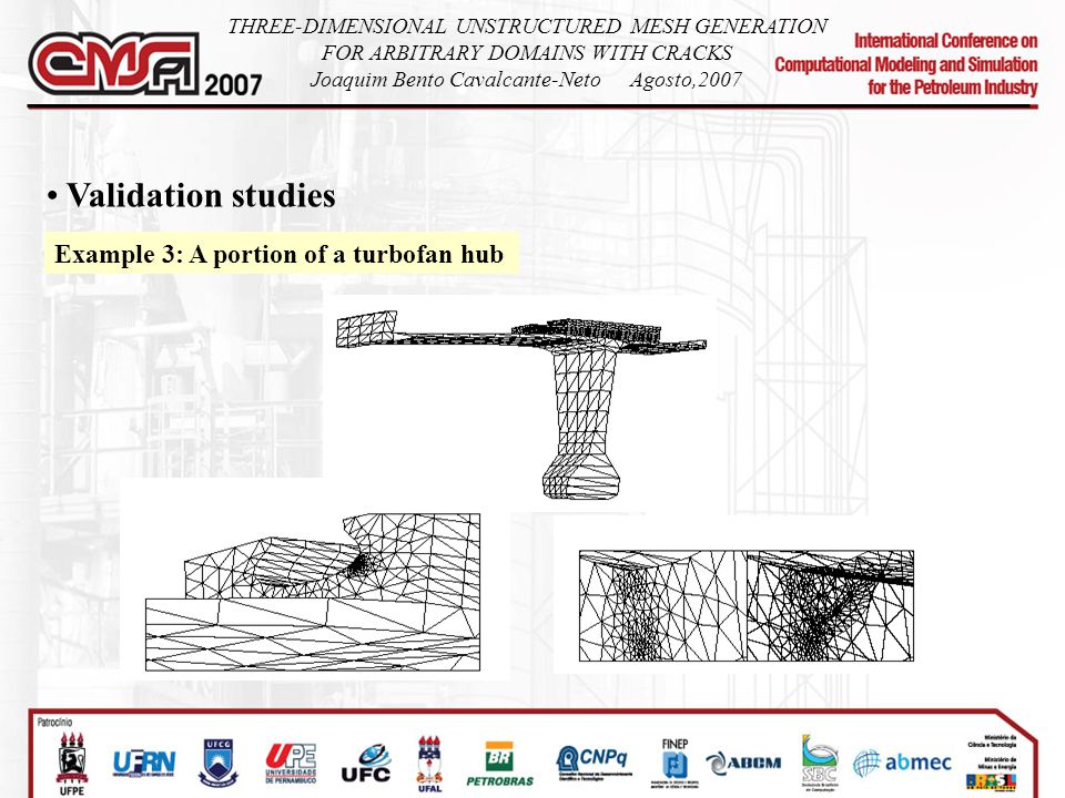 Validation studies Example 3: A portion of a turbofan hub THREE-DIMENSIONAL UNSTRUCTURED MESH GENERATION FOR ARBITRARY DOMAINS WITH CRACKS Joaquim Bento Cavalcante-NetoAgosto,2007