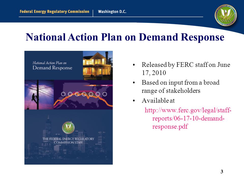 3 National Action Plan on Demand Response Released by FERC staff on June 17, 2010 Based on input from a broad range of stakeholders Available at   reports/ demand- response.pdf