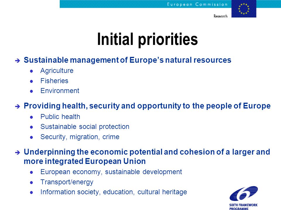 Initial priorities è Sustainable management of Europe’s natural resources l Agriculture l Fisheries l Environment è Providing health, security and opportunity to the people of Europe l Public health l Sustainable social protection l Security, migration, crime è Underpinning the economic potential and cohesion of a larger and more integrated European Union l European economy, sustainable development l Transport/energy l Information society, education, cultural heritage