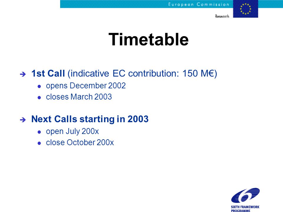 Timetable è 1st Call (indicative EC contribution: 150 M€) l opens December 2002 l closes March 2003 è Next Calls starting in 2003 l open July 200x l close October 200x