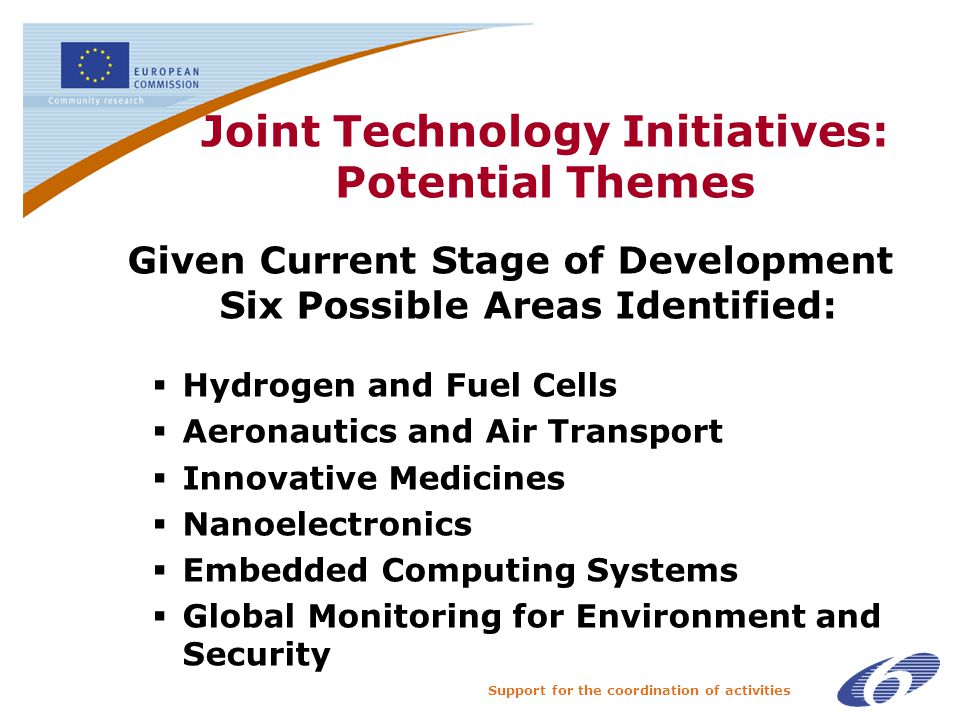 Support for the coordination of activities Joint Technology Initiatives: Potential Themes Given Current Stage of Development Six Possible Areas Identified:  Hydrogen and Fuel Cells  Aeronautics and Air Transport  Innovative Medicines  Nanoelectronics  Embedded Computing Systems  Global Monitoring for Environment and Security
