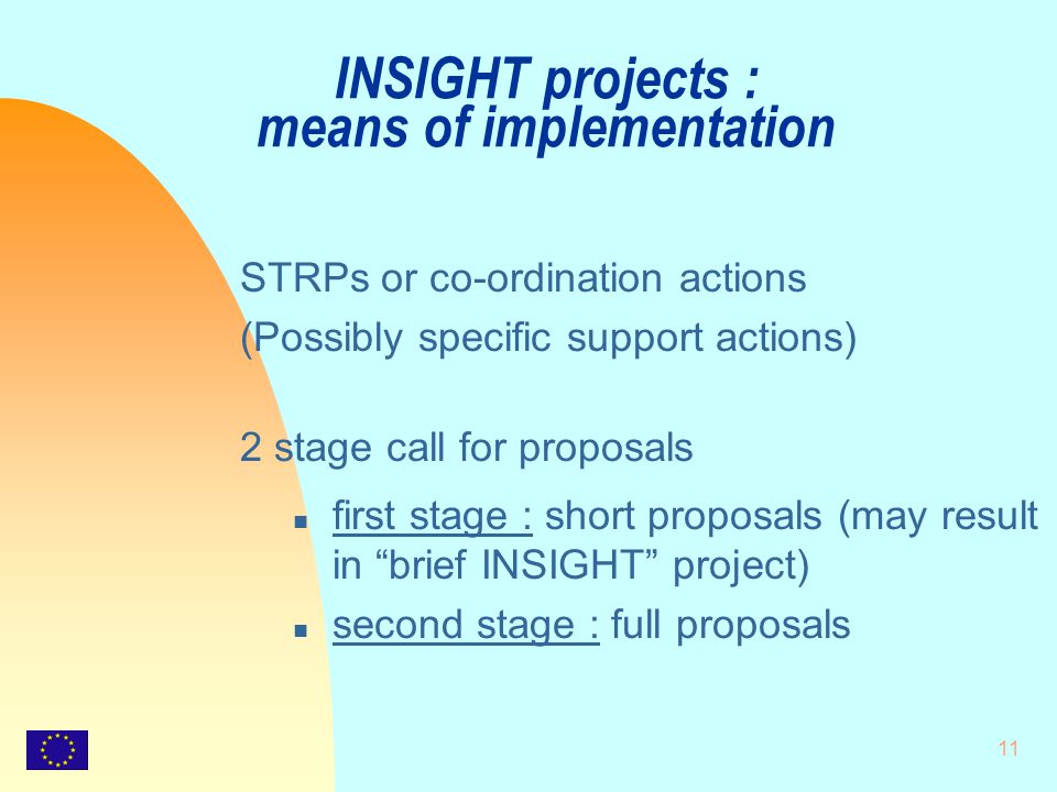 11 INSIGHT projects : means of implementation STRPs or co-ordination actions (Possibly specific support actions) 2 stage call for proposals n first stage : short proposals (may result in brief INSIGHT project) n second stage : full proposals