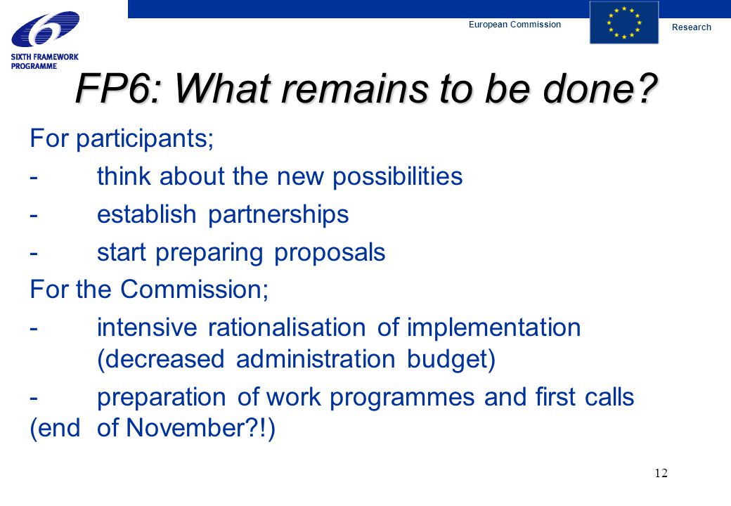European Commission Research 12 FP6: What remains to be done.