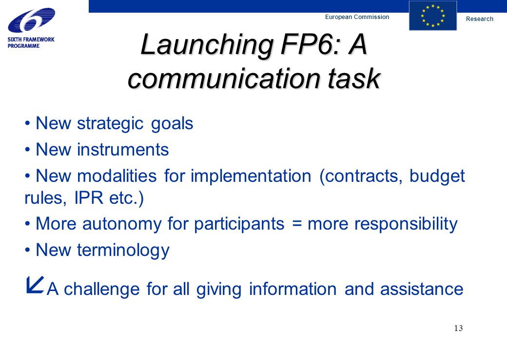 European Commission Research 13 Launching FP6: A communication task New strategic goals New instruments New modalities for implementation (contracts, budget rules, IPR etc.) More autonomy for participants = more responsibility New terminology  A challenge for all giving information and assistance